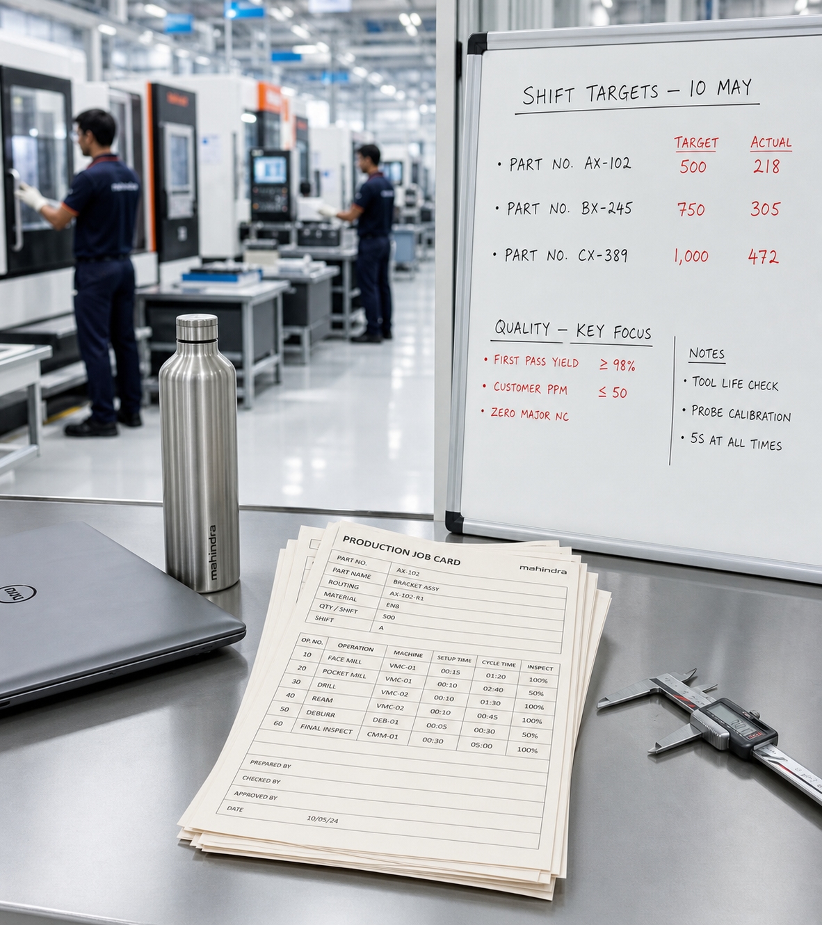 Supervisor's desk with paper job cards and a whiteboard on an Indian factory floor