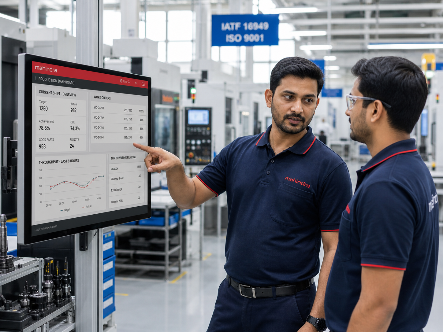 Shop-floor supervisor and operator reviewing FactorialOS on a workstation display